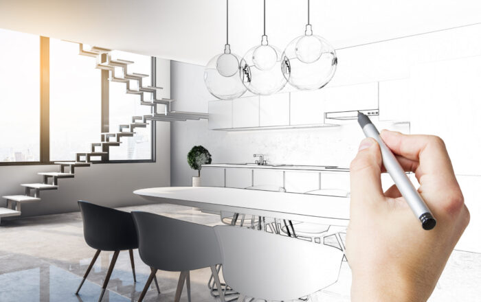 Hand drawn modern loft kitchen interior with furniture, stairs and sunlight. Drawing and engineering concept.