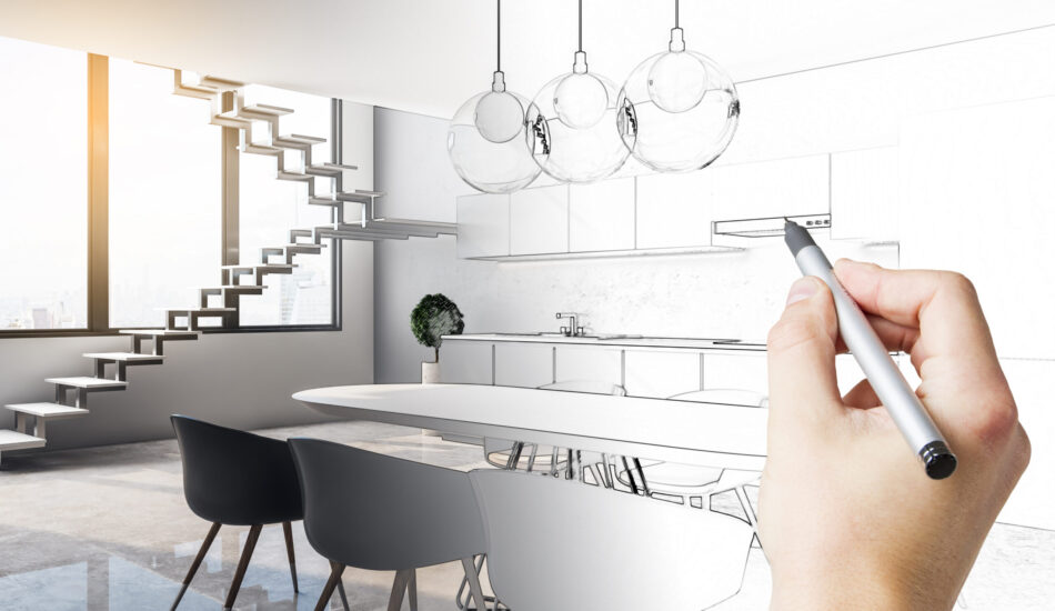 Hand drawn modern loft kitchen interior with furniture, stairs and sunlight. Drawing and engineering concept.