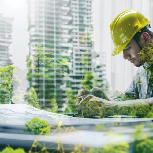 An architect working on sustainable design, focus on, green architecture theme, vibrant, double exposure, ecofriendly building backdrop , high detail, 8k --ar 3:2 Job ID: 7efdf95b-0c21-44e9-9ccb-20d0a7d129c9