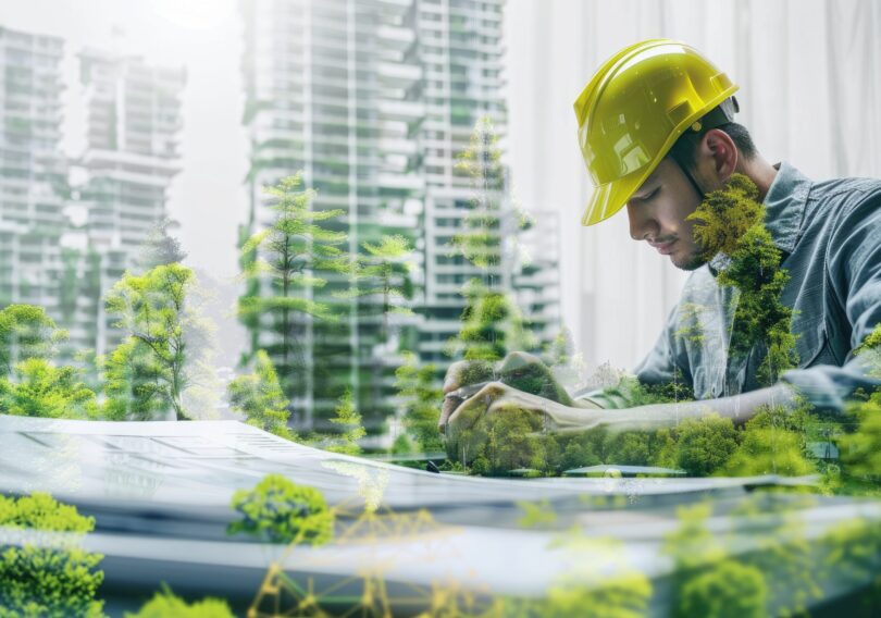An architect working on sustainable design, focus on, green architecture theme, vibrant, double exposure, ecofriendly building backdrop , high detail, 8k --ar 3:2 Job ID: 7efdf95b-0c21-44e9-9ccb-20d0a7d129c9